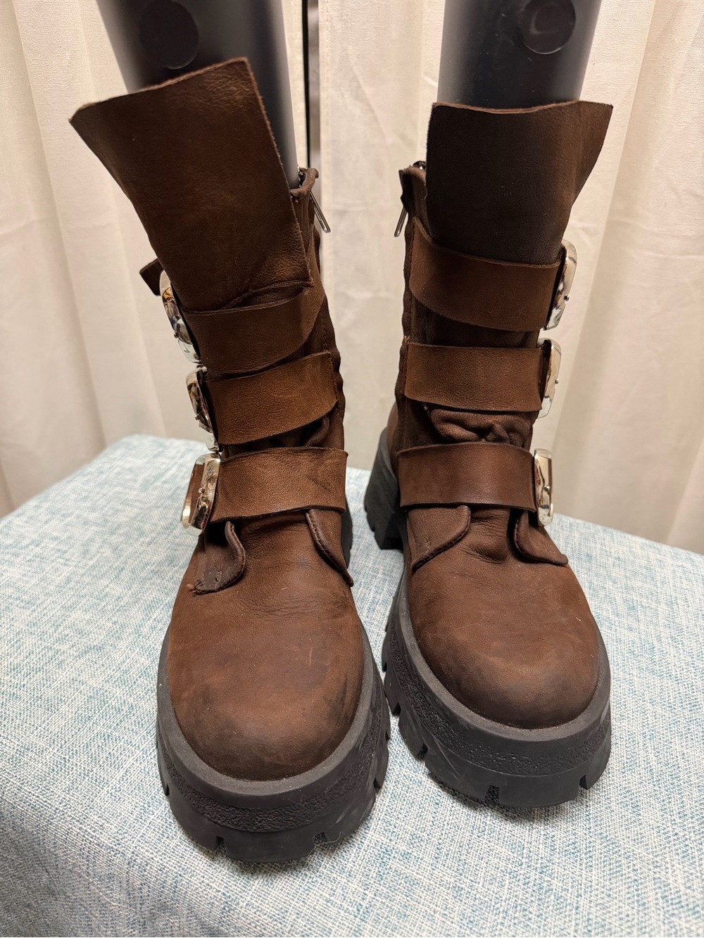 Steve Madden Roland Brown Leather Triple Buckle Moto Boots Size 8M - Picture 2 of 6